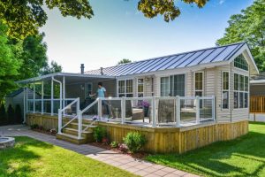 Rampe à piquets en aluminium avec verre de Sunspace Sunrooms. Moreau PRS, fier détaillant, accueille ses clients dans sa succursale à Québec.